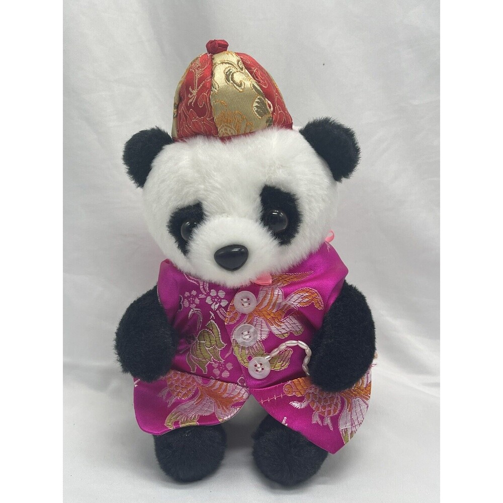 Panda Bear With Pink Tang Suit Gold Red Hat  Plush Stuffed Animal Soft Toy 7''